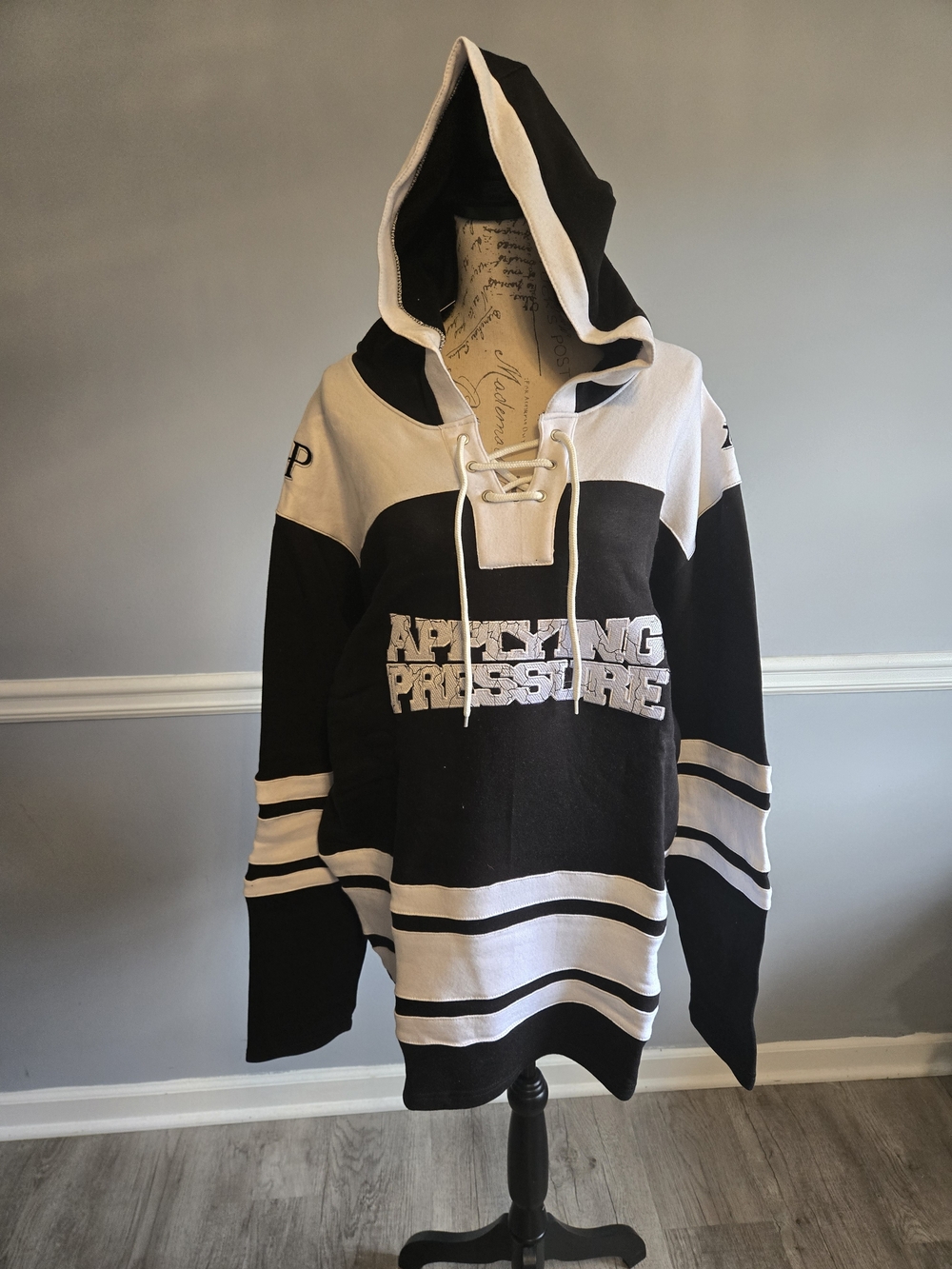 Applying Pressure Black & White Hooded Lace-Up Pullover Shirt
